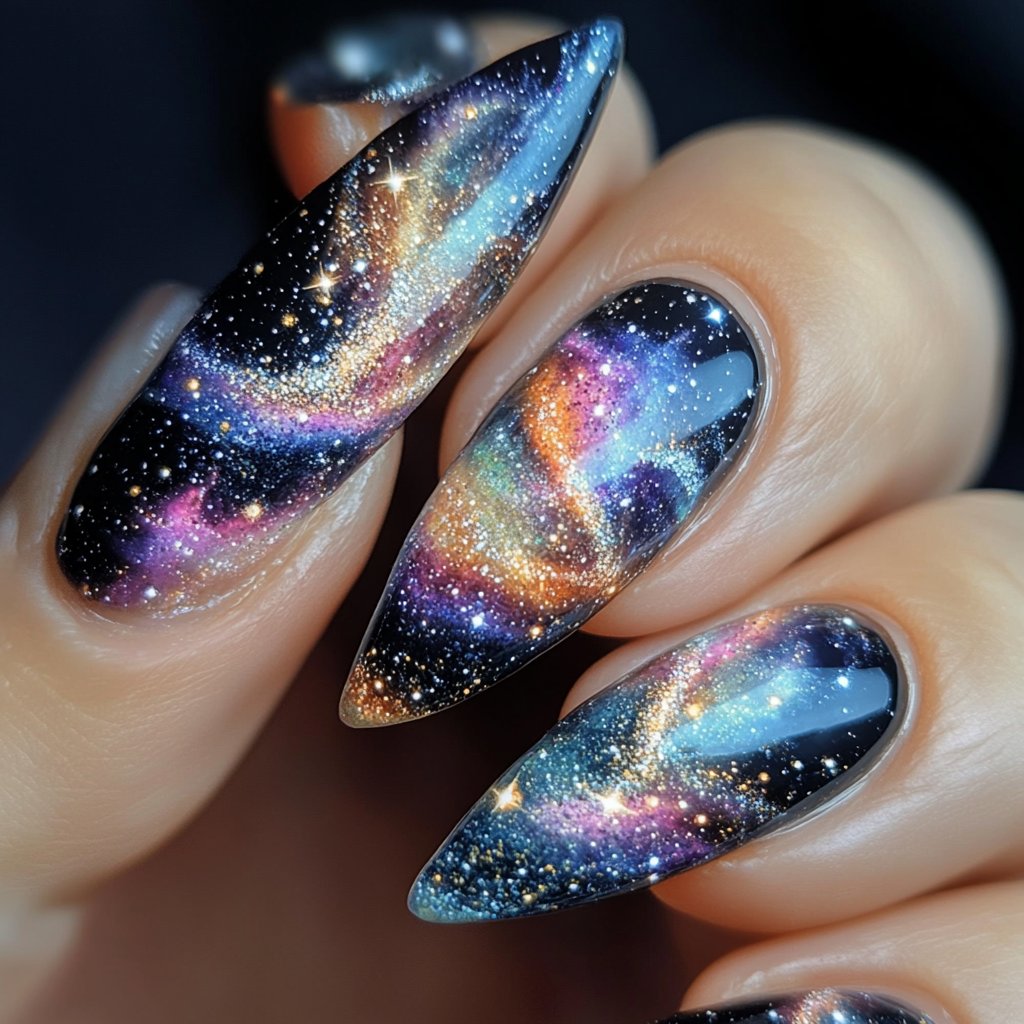 Ethereal galaxy nails with swirling nebulae and twinkling stars on a deep space background, hyper-realistic, macro photography --v 6.1